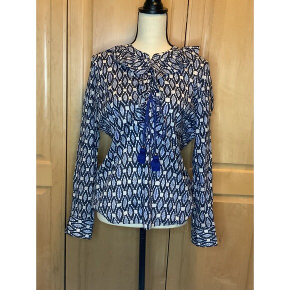 Figue Women’s S Long Sleeve Blue Ruffled Blouse Casual Workwear Tunic Top - Picture 1 of 12